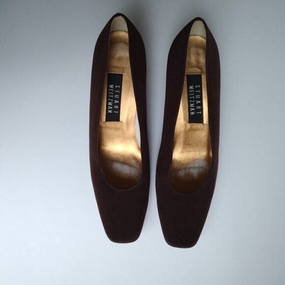 Stuart Weitzman Y2K Brown Sateen /Grosgrain Pumps Square Toe 3" Block Heels Sz 8 - Picture 8 of 10